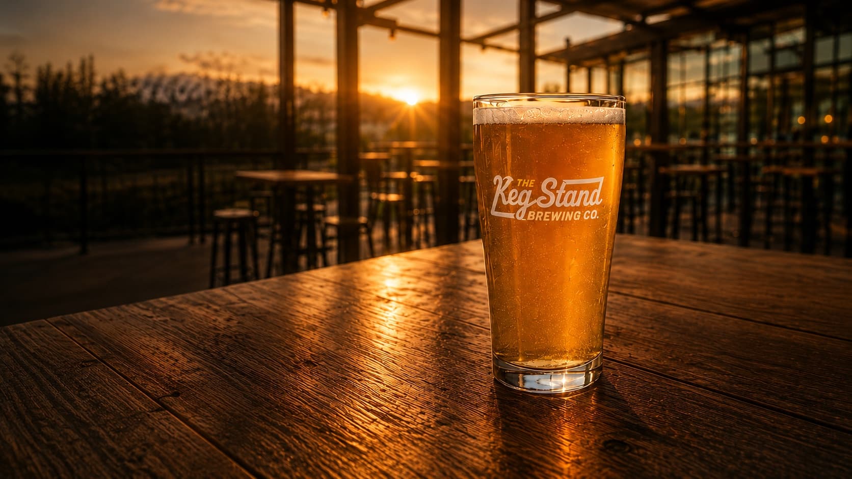 Golden-hour pint of Keg Stand beer on a wooden taproom table, with sunset light streaming through the tap room windows behind.